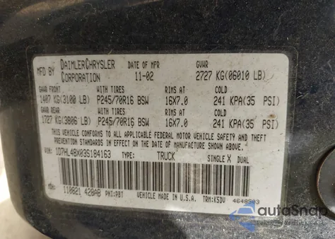 2003 Dodge Dakota Slt from USA, damaged, VIN 1D7HL48X03S184163